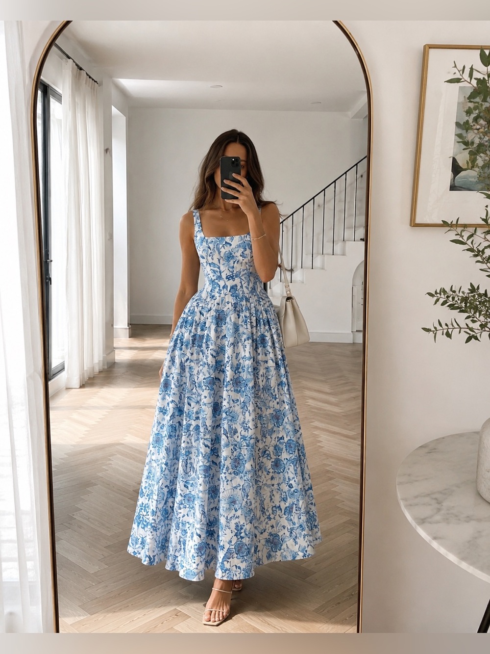 Aqua Blu Claudette Blue & White Floral Square-Neck Maxi Dress Size S